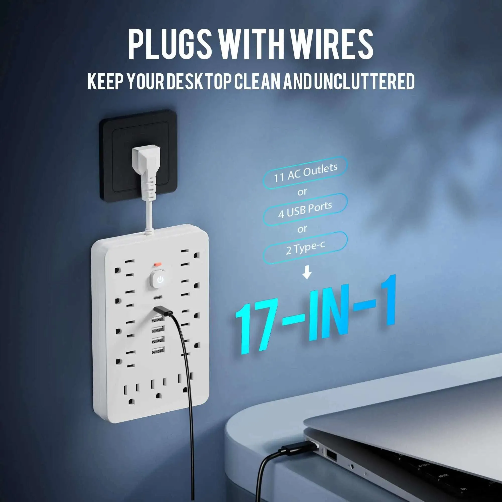 17-in-1 US Power Outlet Surge Protector with 11 AC Outlets, 4 USB Ports (2 Type-C), Desktop Charging Station