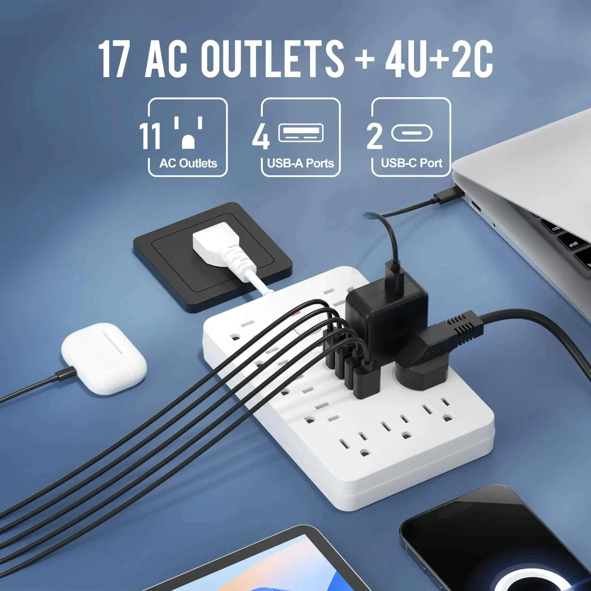 17-in-1 US Power Outlet Surge Protector with 11 AC Outlets, 4 USB Ports (2 Type-C), Desktop Charging Station