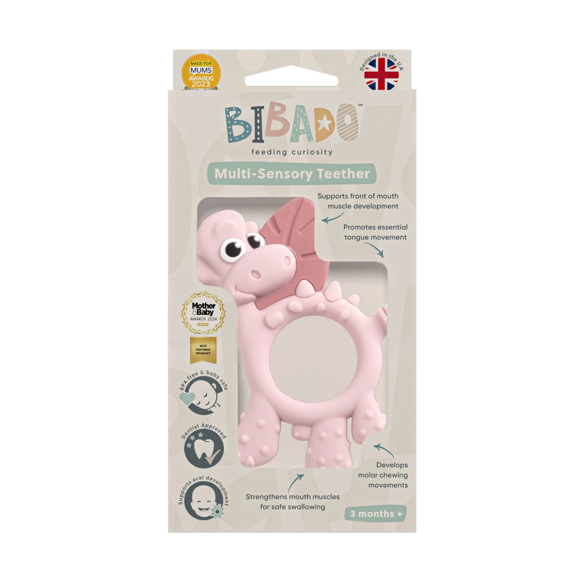 BiBaDo Dotty the Dinosaur- Silicone Multi Sensory Teether - Blush- 3m 
