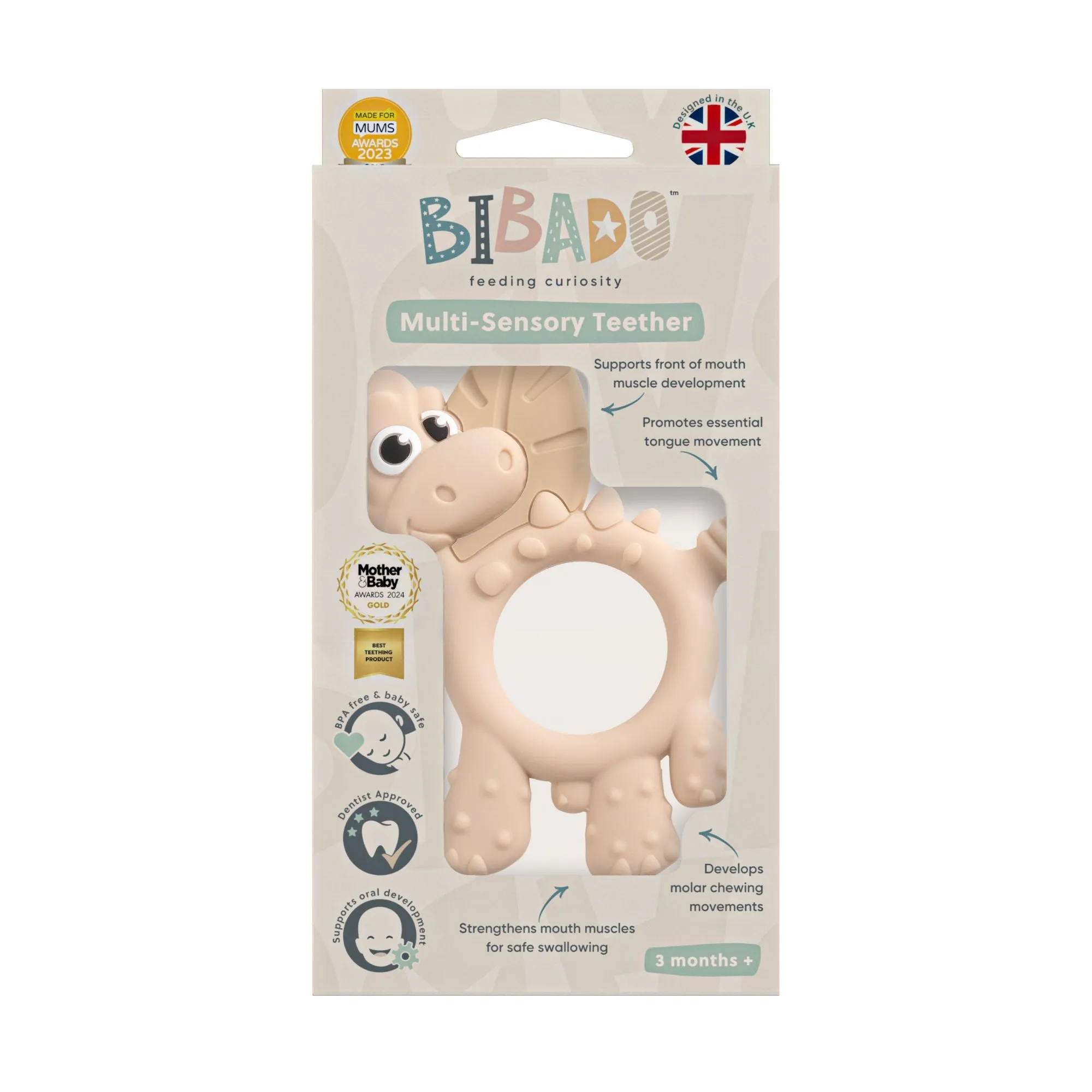 BiBaDo Dotty the Dinosaur- Silicone Multi Sensory Teether - Fawn- 3m 