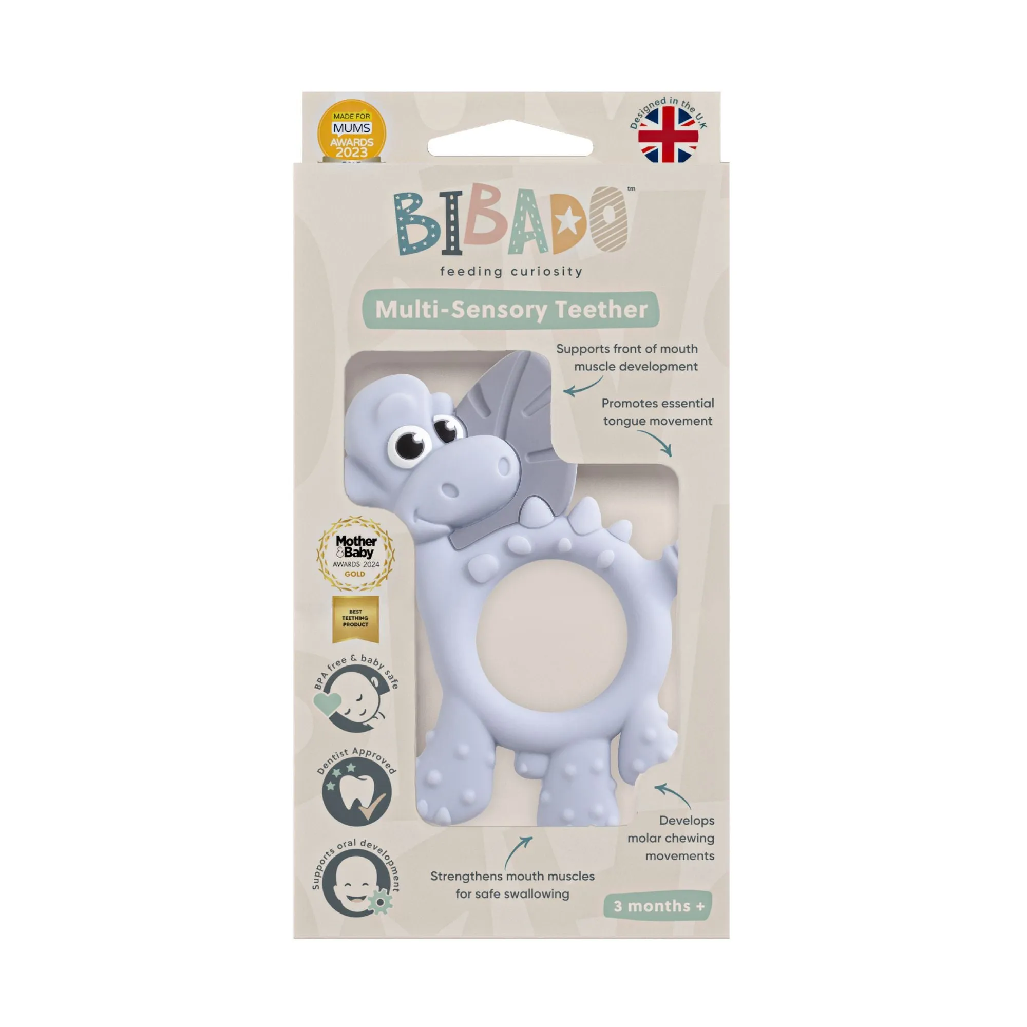 BiBaDo Dotty the Dinosaur- Silicone Multi Sensory Teether - Mist - 3m 