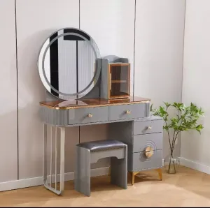 Elegant White Dressing Table with Gold Accents - LED Mirror