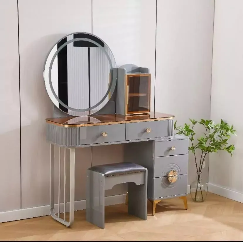 Elegant White Dressing Table with Gold Accents - LED Mirror