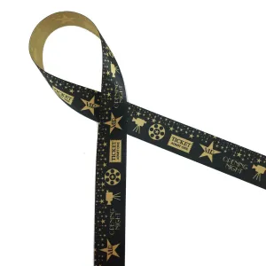 Movie Night Ribbon ideal for Movie parties, Outdoor movies, movie parties, gift wrap, Hollywood theme party, printed on 7/8" dijon gold