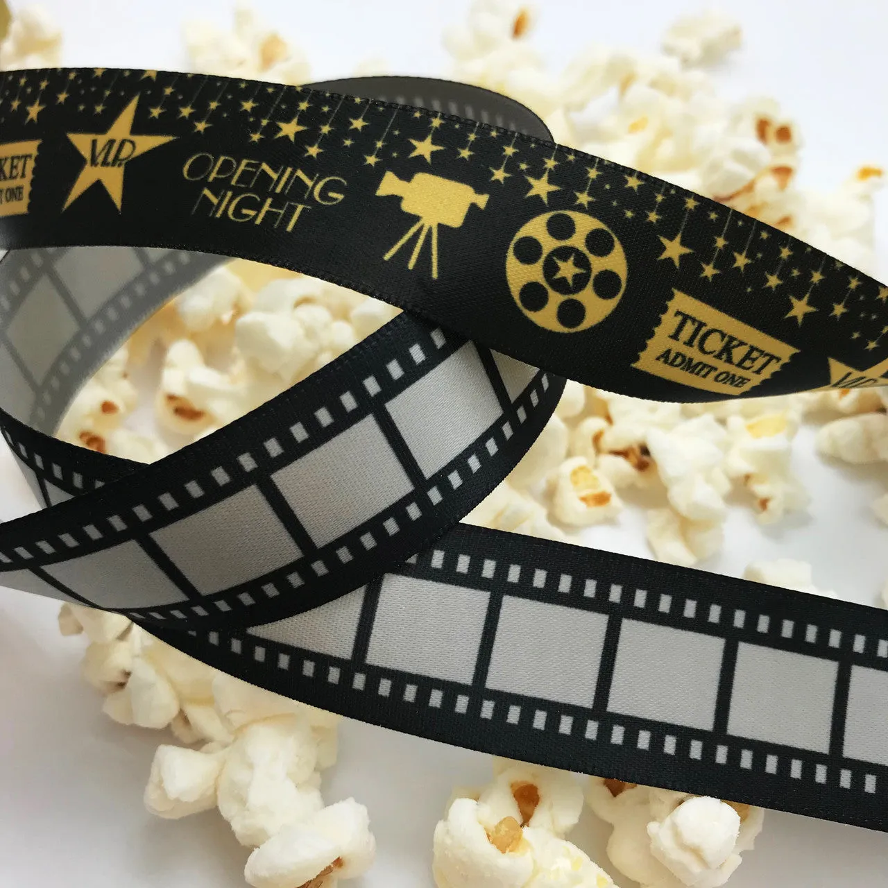 Movie Night Ribbon ideal for Movie parties, Outdoor movies, movie parties, gift wrap, Hollywood theme party, printed on 7/8" dijon gold