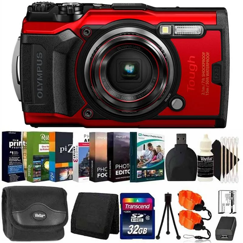 OLYMPUS Tough TG-6 12MP Waterproof W-Fi Digital Camera Red with 32GB Card   Photo Editor Bundle & Kit