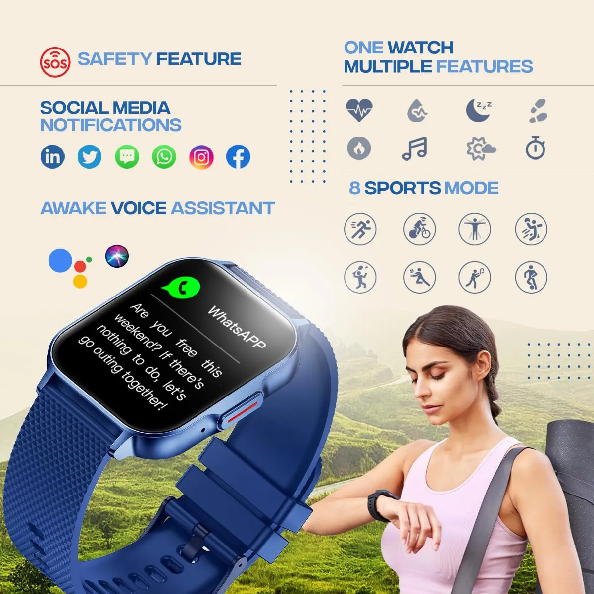 pTron Newly Launched Reflect Classic 2.01 inch Square Dial Smartwatch, Bluetooth Calling, Full Touch Display, 600 NITS, Metal Frame, 100  Watch Faces, HR,SpO2, Voice Assist, 5 Days Battery Life (Blue)