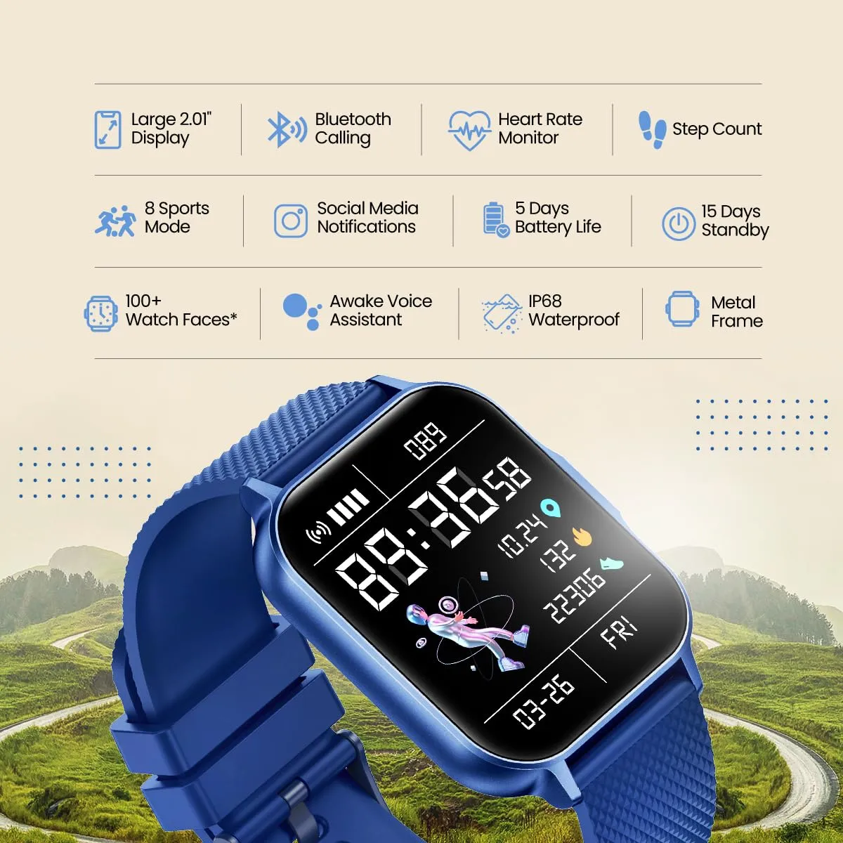 pTron Newly Launched Reflect Classic 2.01 inch Square Dial Smartwatch, Bluetooth Calling, Full Touch Display, 600 NITS, Metal Frame, 100  Watch Faces, HR,SpO2, Voice Assist, 5 Days Battery Life (Blue)
