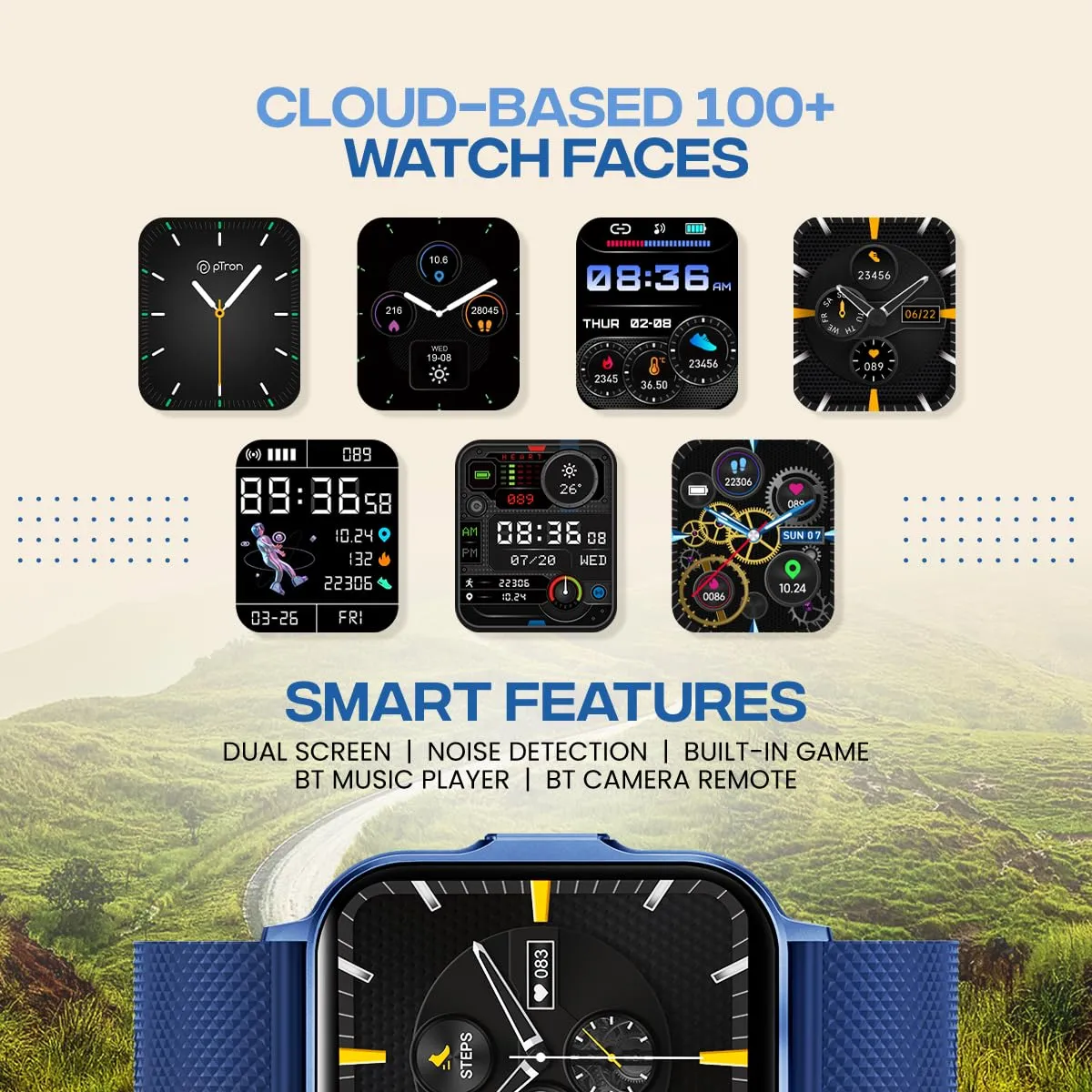 pTron Newly Launched Reflect Classic 2.01 inch Square Dial Smartwatch, Bluetooth Calling, Full Touch Display, 600 NITS, Metal Frame, 100  Watch Faces, HR,SpO2, Voice Assist, 5 Days Battery Life (Blue)