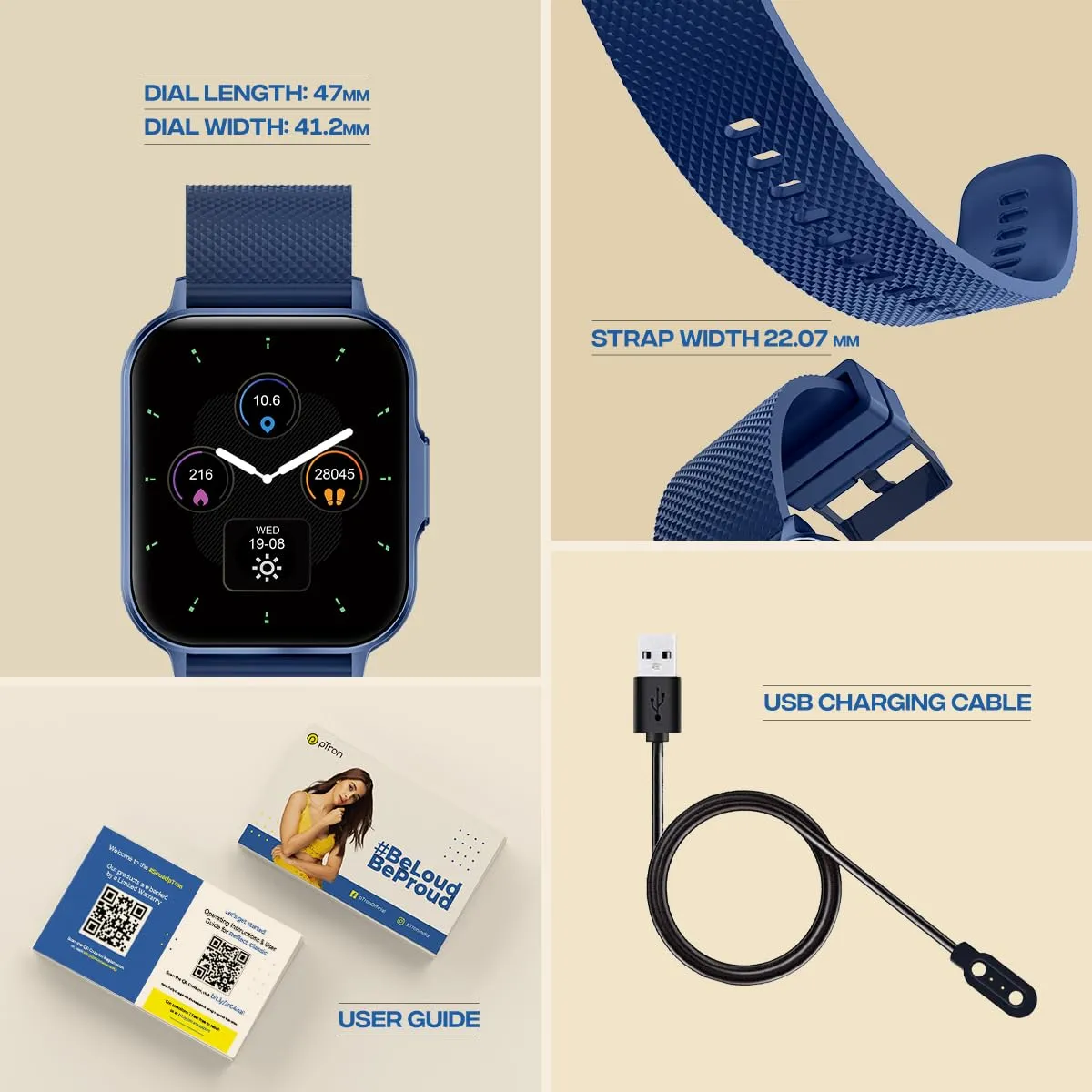 pTron Newly Launched Reflect Classic 2.01 inch Square Dial Smartwatch, Bluetooth Calling, Full Touch Display, 600 NITS, Metal Frame, 100  Watch Faces, HR,SpO2, Voice Assist, 5 Days Battery Life (Blue)