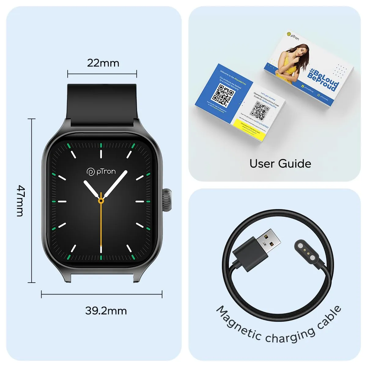 pTron Newly Launched Reflect MaxPro 2.01 inch Square Dial Smartwatch, Full Touch Display, Bluetooth Calling, Functional Crown, 600 NITS, 100  Watch Faces, HR, SpO2, 5 Days Battery Life & IP68 (Black)