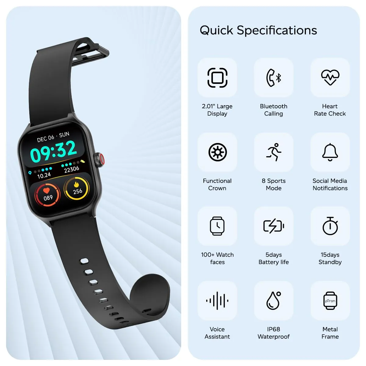 pTron Newly Launched Reflect MaxPro 2.01 inch Square Dial Smartwatch, Full Touch Display, Bluetooth Calling, Functional Crown, 600 NITS, 100  Watch Faces, HR, SpO2, 5 Days Battery Life & IP68 (Black)