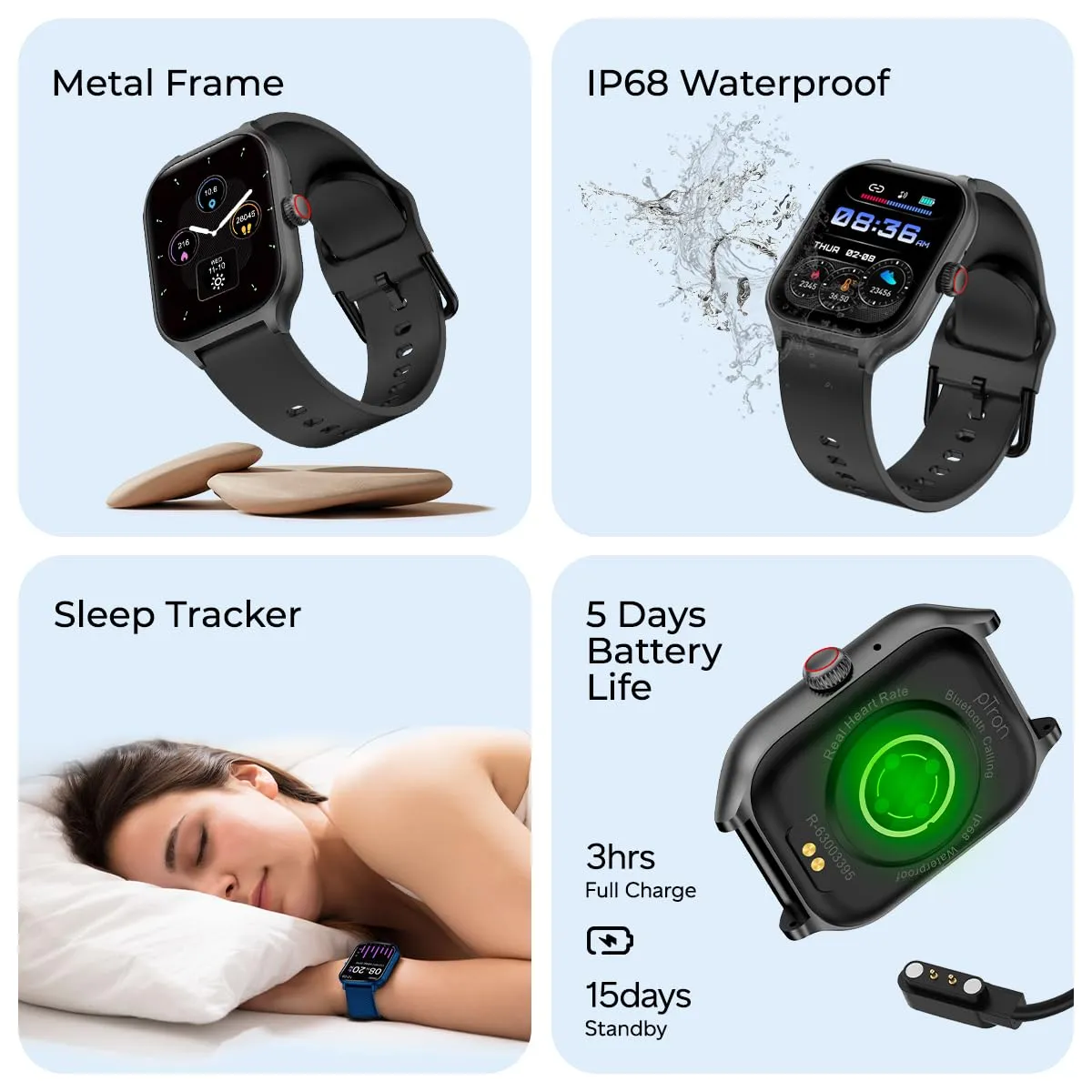pTron Newly Launched Reflect MaxPro 2.01 inch Square Dial Smartwatch, Full Touch Display, Bluetooth Calling, Functional Crown, 600 NITS, 100  Watch Faces, HR, SpO2, 5 Days Battery Life & IP68 (Black)