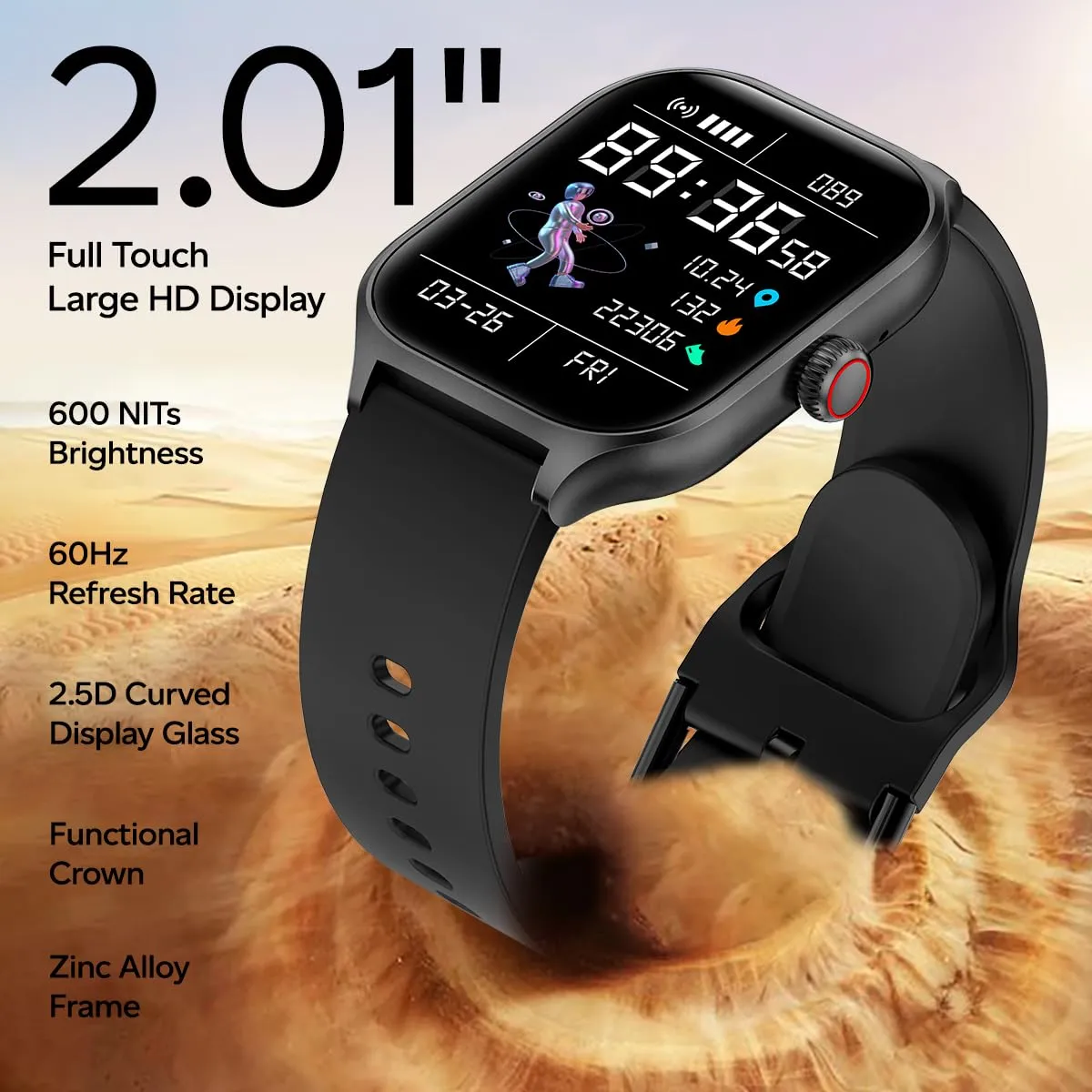pTron Newly Launched Reflect MaxPro 2.01 inch Square Dial Smartwatch, Full Touch Display, Bluetooth Calling, Functional Crown, 600 NITS, 100  Watch Faces, HR, SpO2, 5 Days Battery Life & IP68 (Black)