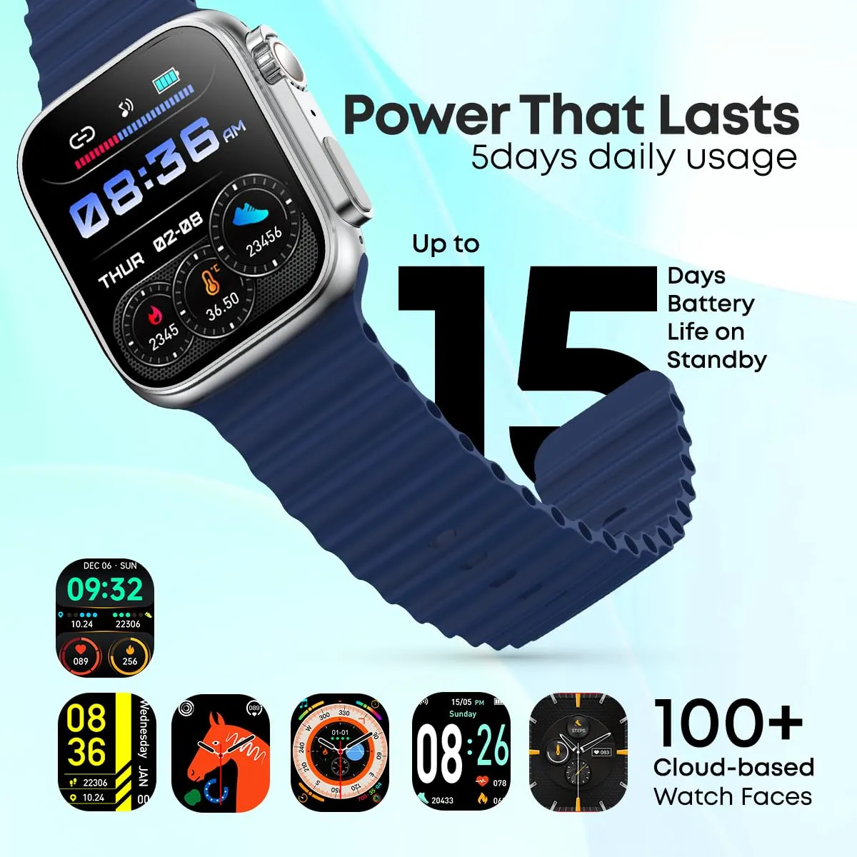 pTron Newly Launched Reflect Pro Smartwatch, Bluetooth Calling, 1.85" Full Touch Display, 600 NITS, Digital Crown, Metal Frame, 100  Watch Faces, HR, SpO2, Voice Assist, 5 Days Battery Life (Blue)