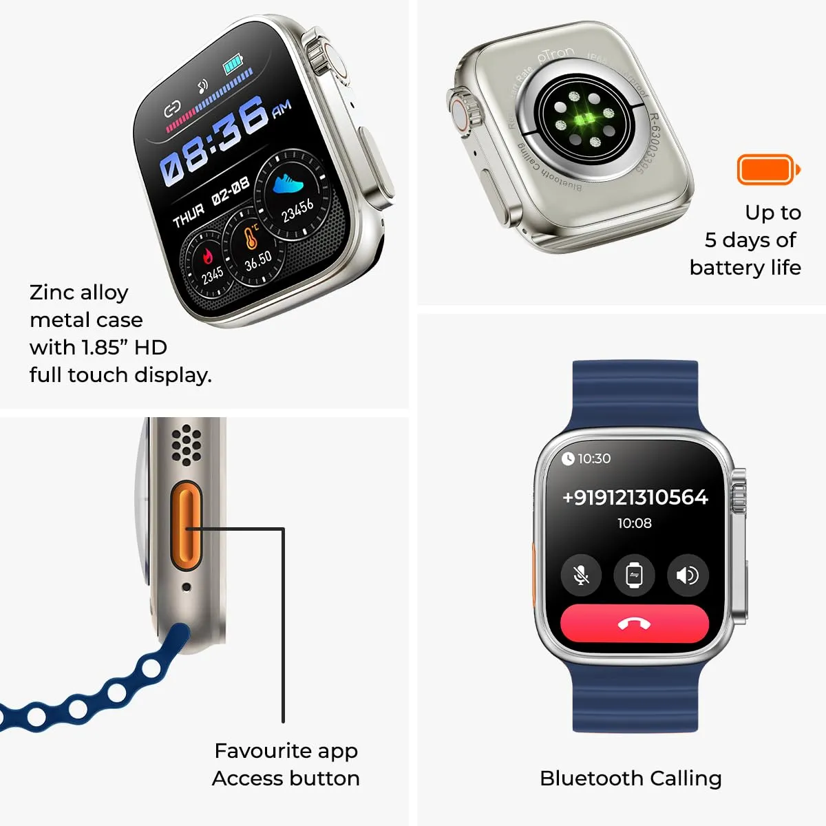 pTron Newly Launched Reflect Pro Smartwatch, Bluetooth Calling, 1.85" Full Touch Display, 600 NITS, Digital Crown, Metal Frame, 100  Watch Faces, HR, SpO2, Voice Assist, 5 Days Battery Life (Blue)