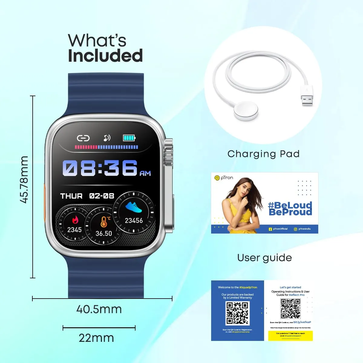pTron Newly Launched Reflect Pro Smartwatch, Bluetooth Calling, 1.85" Full Touch Display, 600 NITS, Digital Crown, Metal Frame, 100  Watch Faces, HR, SpO2, Voice Assist, 5 Days Battery Life (Blue)