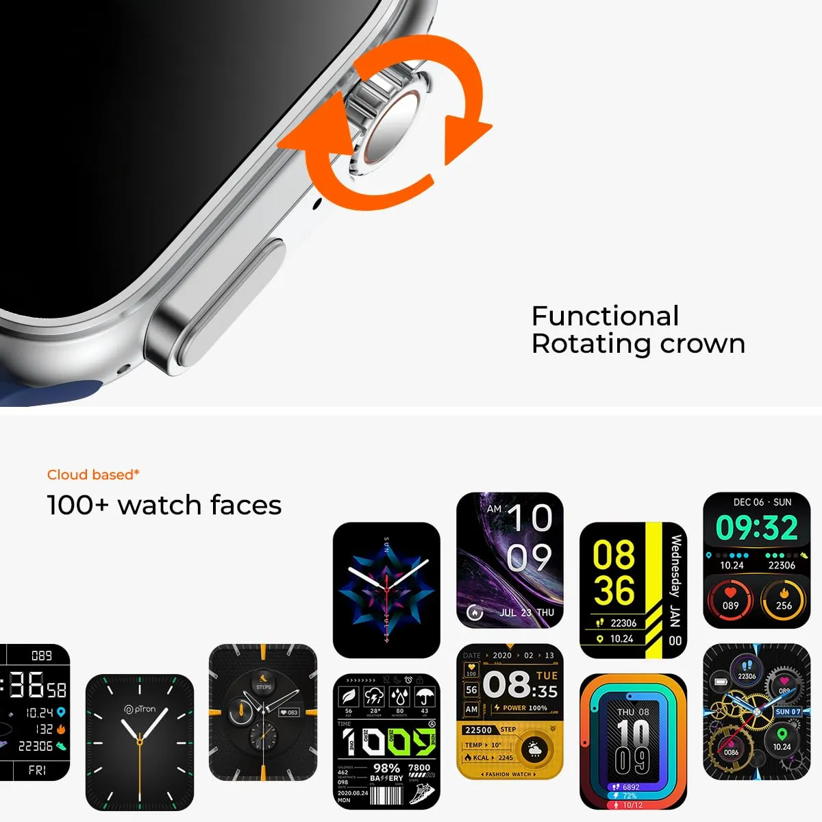 pTron Newly Launched Reflect Pro Smartwatch, Bluetooth Calling, 1.85" Full Touch Display, 600 NITS, Digital Crown, Metal Frame, 100  Watch Faces, HR, SpO2, Voice Assist, 5 Days Battery Life (Blue)